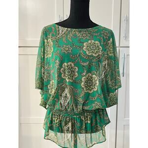 INC International Concepts Blouse Women's Sz L Green Paisley Peplum Short Sleeve